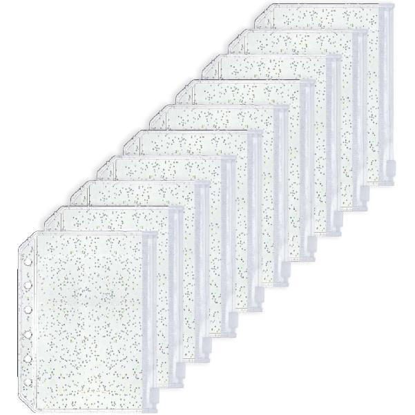 10pcs A5 Cash Stuffing Envelopes Zipper Binder Pockets Clear Glitter PVC 6 Hole Zip Sleeves Loose Leaf Pouches for 6 Ring Binder Planner (A5 5.91" x