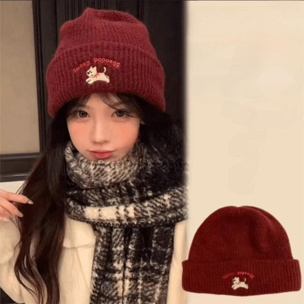 Puppy Embroidery Winter Knitted Hat Winter Warm Crochet Bonnet Hat Cute Beanie Cap