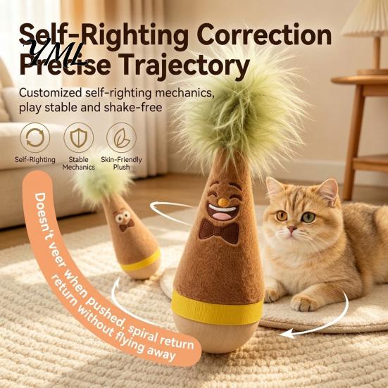 Plush Cat Teaser with Wood Base Wooden Wobble Toy, Self-Righting Tumbler Feather for Indoor Cats, Interactive Safe Clawing Toy Punching Bag