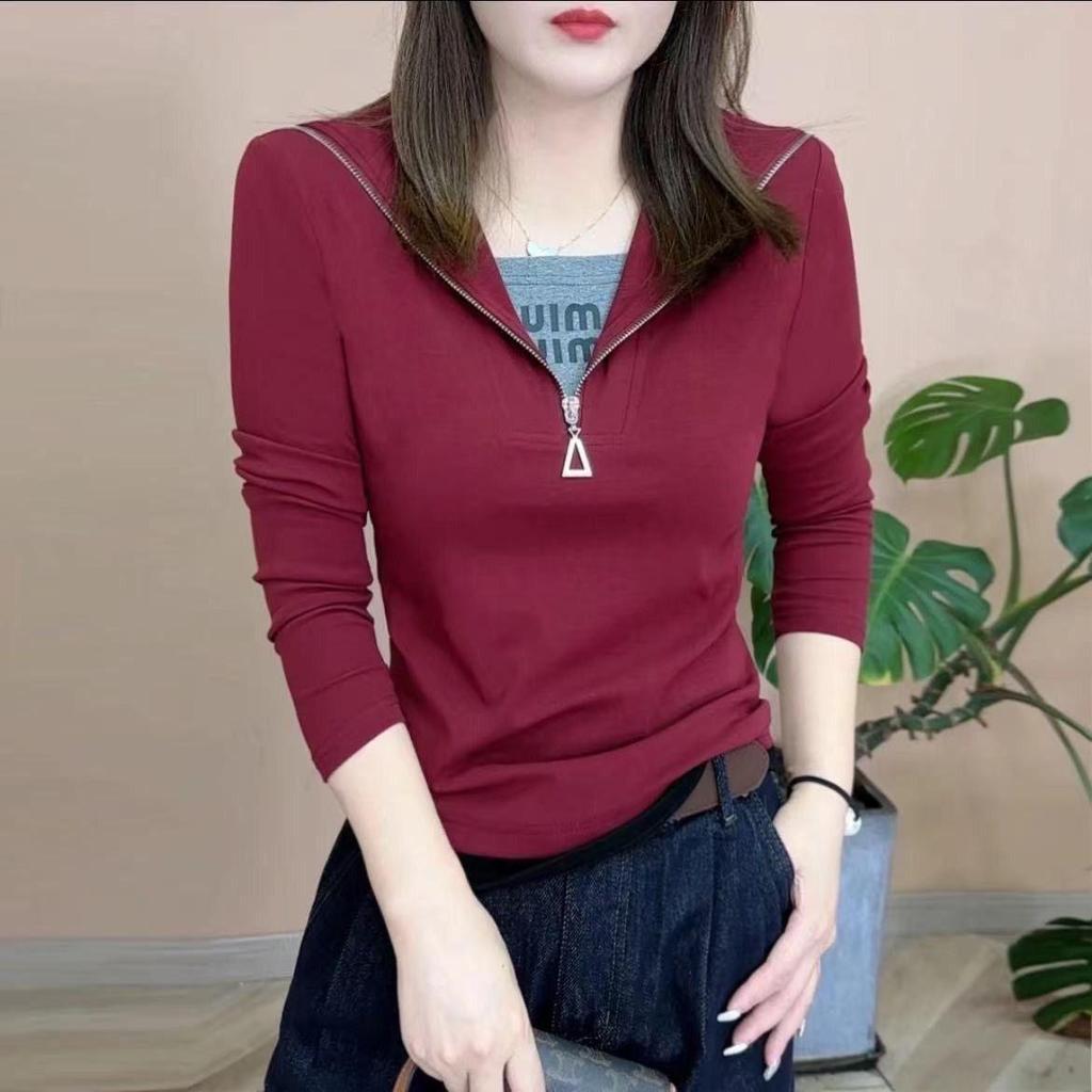2025 High-end Women's Slim-fit Fake Two-piece Zipper Letter Collar Long Sleeve Hoodie for Spring and Autumn