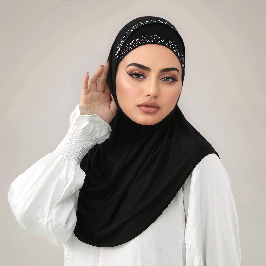 2PcsSet Muslim Instant Hijab With Open Caps Women Rhinestone Jersey Hijab Head Cover Neck Islam Solid Undercap Turban Tube Caps