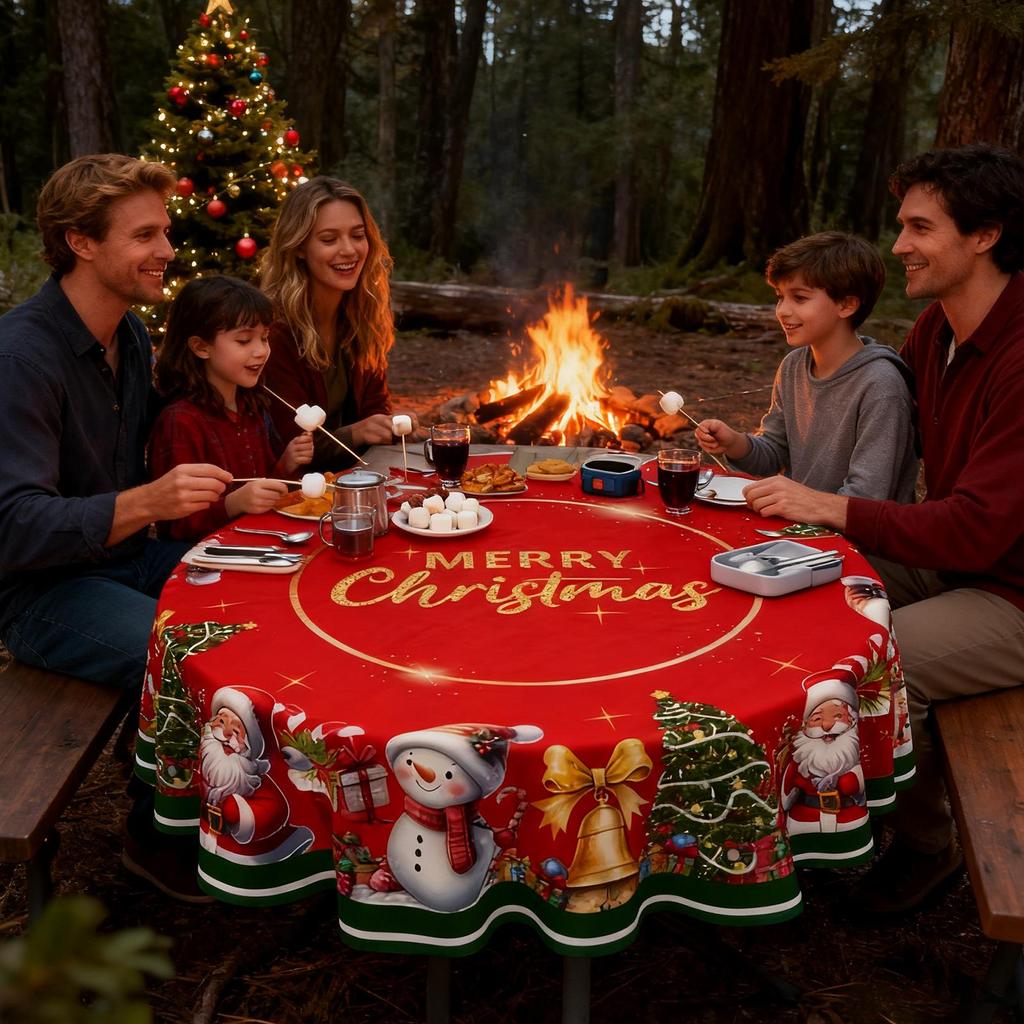 150/180cm Christmas Snowman Circular Tablecloth Vintage Polyester Red Cover Protector Christmas Tablecloth Protector Cover