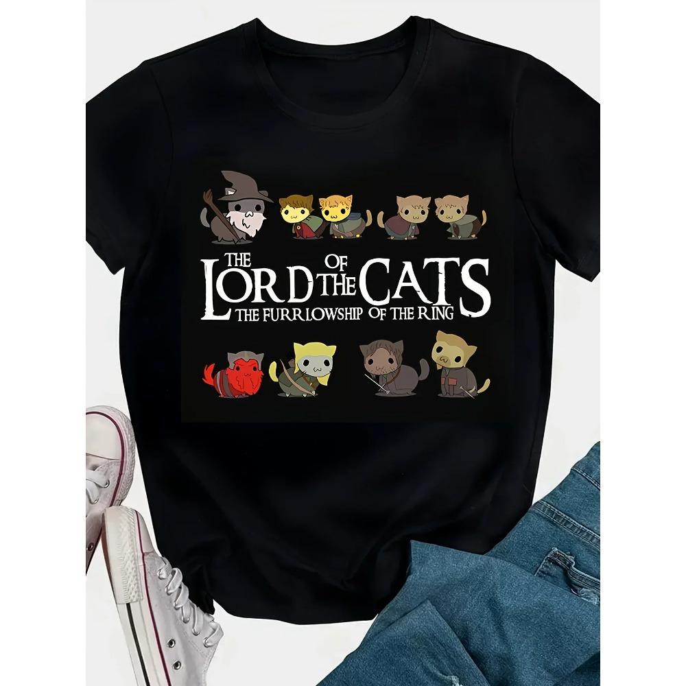 Womens Casual Short Sleeve TShirt The Lord of the Cats Fantasy Cartoon Print Round Neck Tee with Whimsical Cat Characters