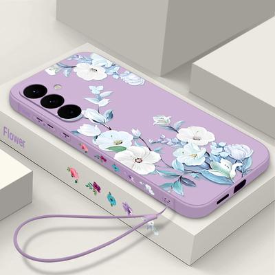 For Samsung S25 Ultra S24 FE S26 S23 A56 A36 A16 A55 Phone Shell Floral Print Matte Lens Protection Lanyard Soft Shockproof Silicone Slim Case Cover