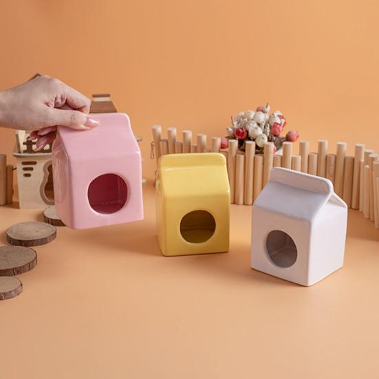 Summer Ceramic Hamster Hideout, Milk Carton Shaped Small Animals House, Gerbil Mice Guinea Pig Dwarf Hamster Habitat Cave