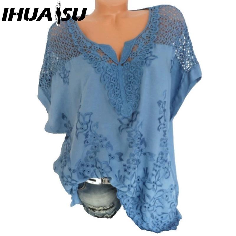 IHUASU Women's Fashion Casual Solid Color Print Short Sleeve V Neck Blouses & Shirts