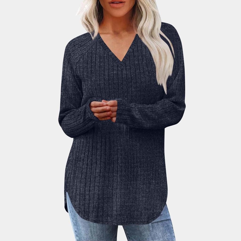 Women's Fashion Loose-Fit Long-Sleeved Knitted T-Shirt In Solid Colour Top