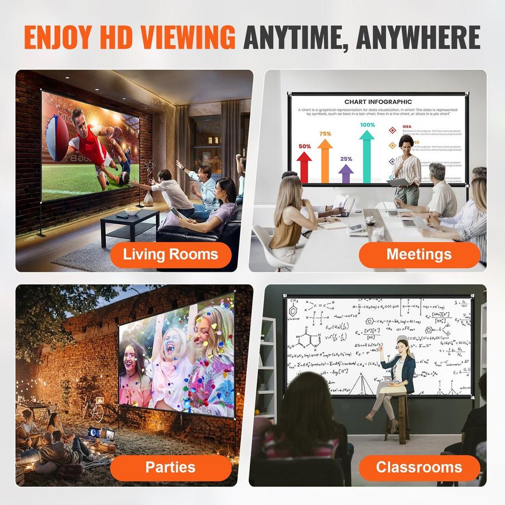 Outdoor Movie Screen w/ Stand, 150" Portable Movie Screen, 16:9 HD Wide Angle Outdoor Projector Screen, Front & Rear Projection, w/ Storage Bag &