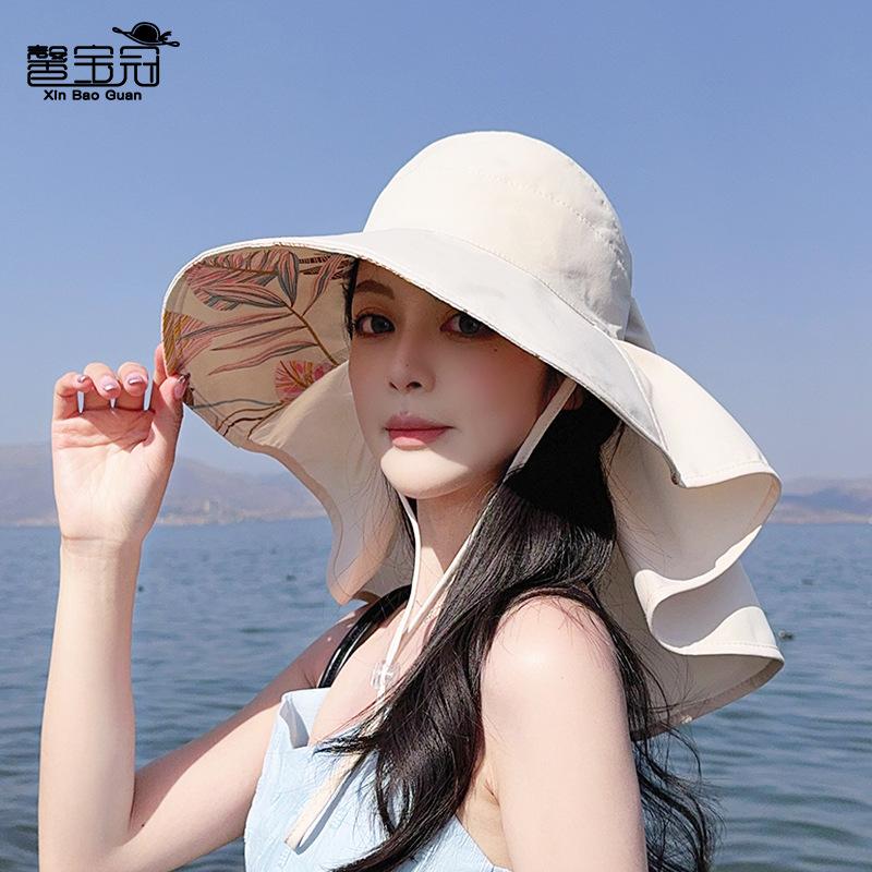 8548 Summer Sunscreen Visor Big Brim Shawl Bucket Hat Fashion Bow Empty Top Ponytail Hat Women