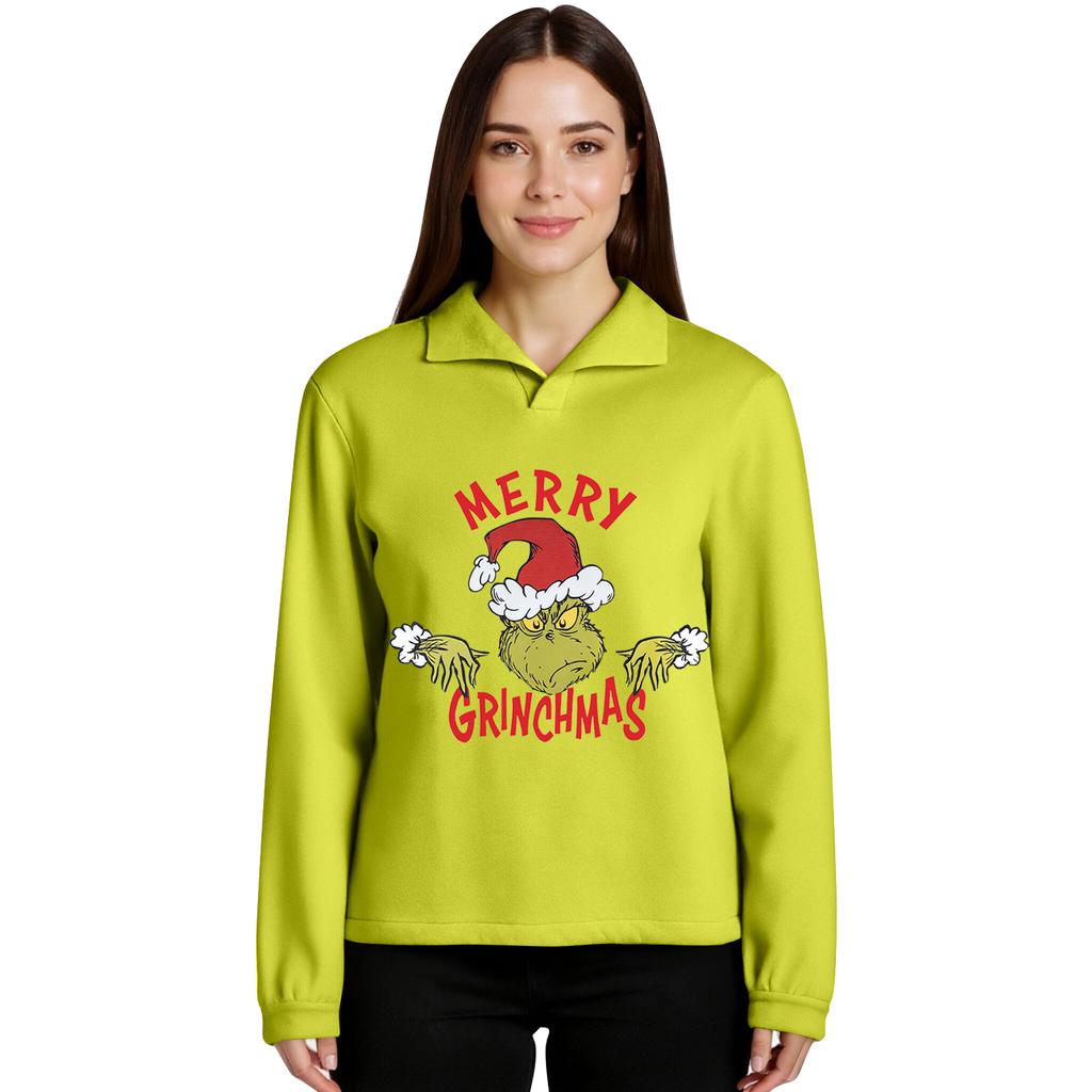 Women's Stand-up Collar Long-sleeved Pullover Top, Christmas Print Sports Top