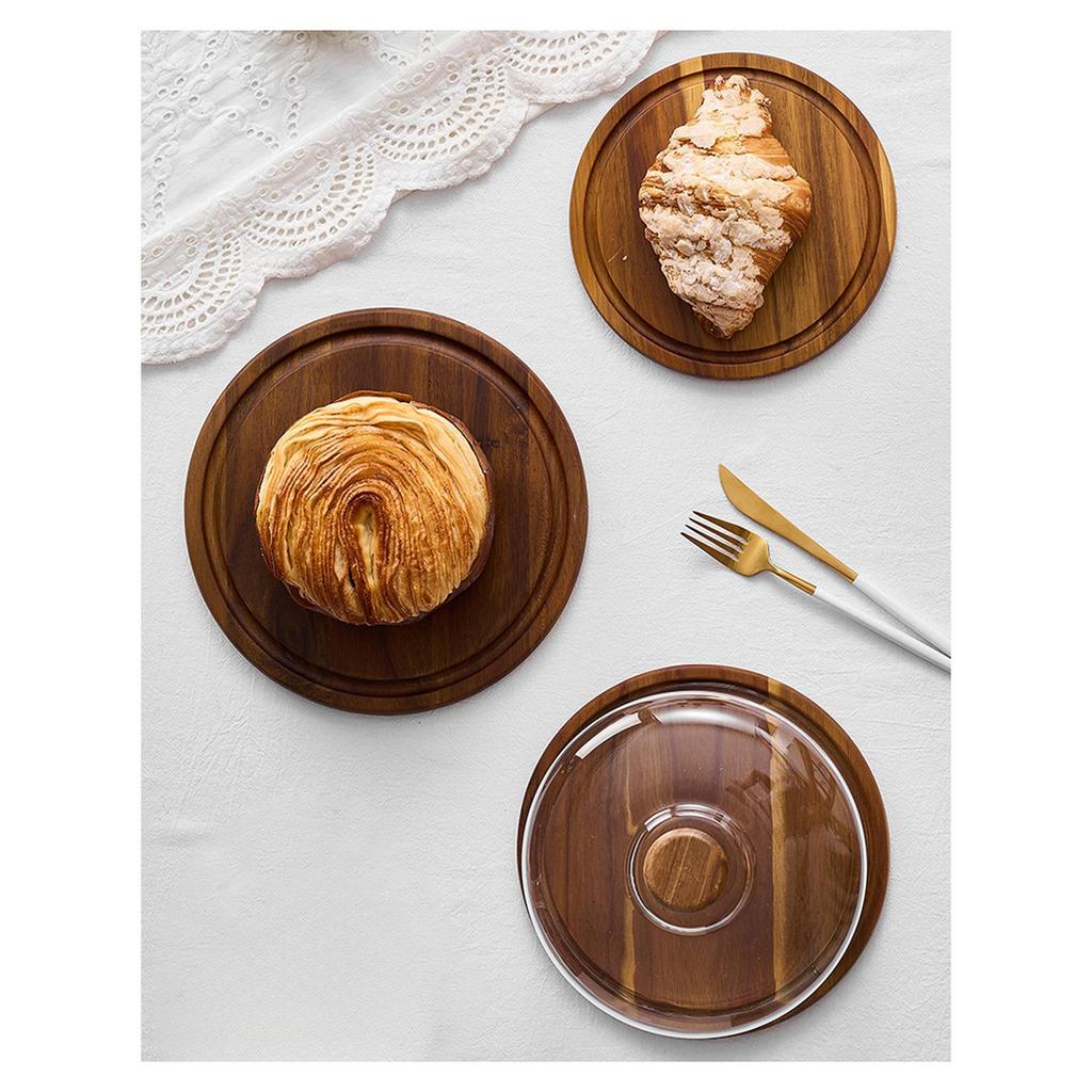 Cake Display Server Tablet Stand with Dome Plate Glass Dessert Wood Serving Shell for