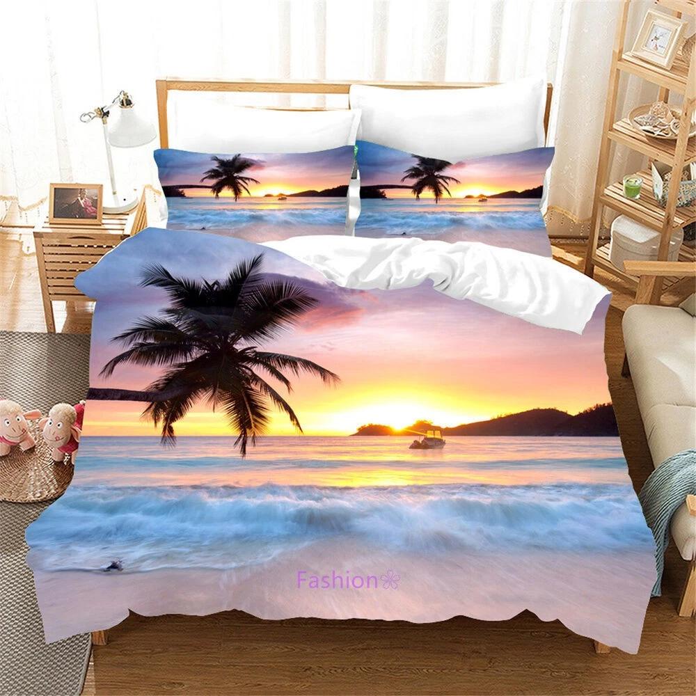 

Tropical Beach Sunset Duvet Cover Set, Palm Tree Ocean View Bed Cover, Coastal Home Decor, Summer Vacation Gift, Twin/Queen/King Size Bedding Set Baby 100x135cm