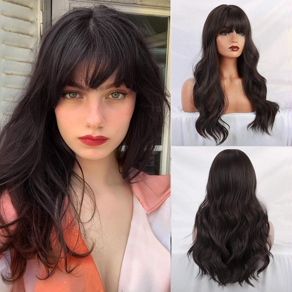 ALAN EATON Long Wavy Synthetic Wigs with Bangs for Black Women African American Ombre Black Brown Cosplay Heat Resistant Hair
