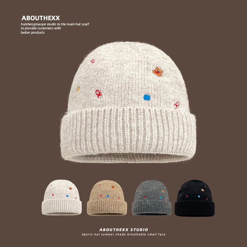 Embroidered Wool Hat for Women In Autumn and Winter Korean Version of Warm Knitted Hat Showing Face Small Ear Protection Bag Head Cold Hat for Men