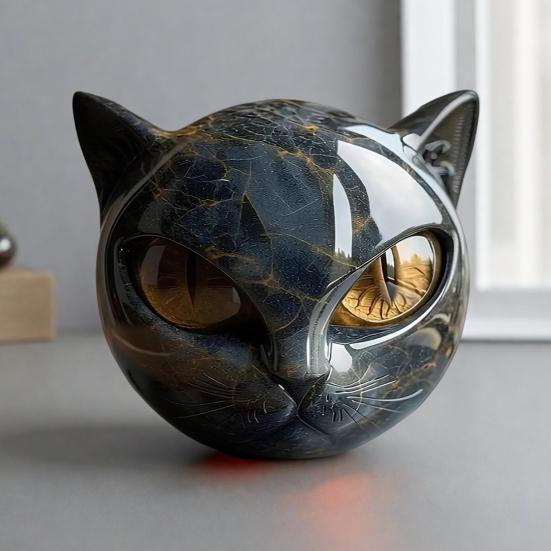 Mini Cat Stone Resin Cat Head Figurine Collectible Healing Stone Marble Texture Cat Stone Keepsake Gift for Cat Lovers Women Men