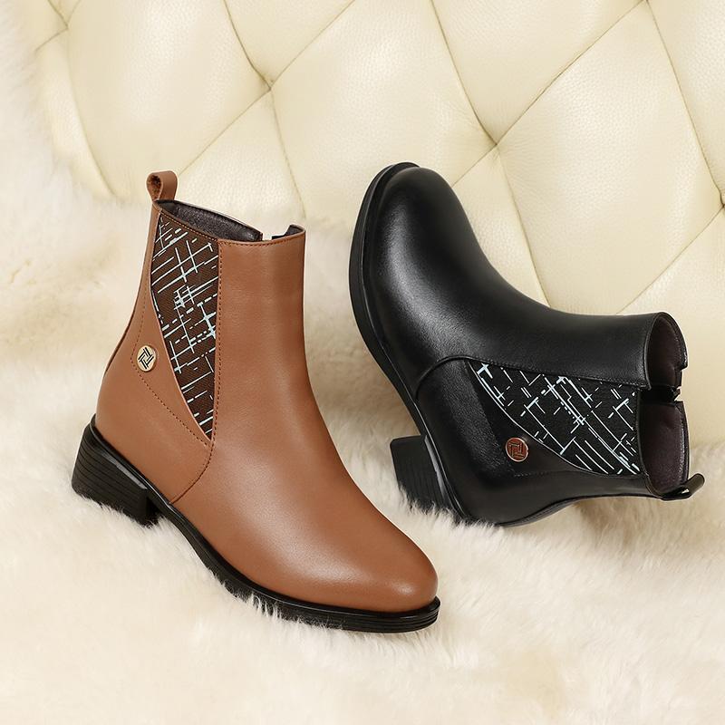 Women's Winter Boots Fashion Shoes Large Size Genuine Leather Women's Short Boots Natural Wool Mid-heel Ladies Martin Boots