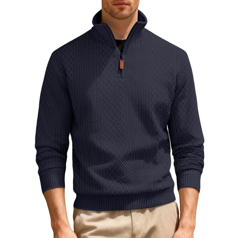 Autumn and Winter Casual Stand-up Collar Zipper Long-sleeved Jacquard Texture American Sports Solid Color Fitted Sweatshirt