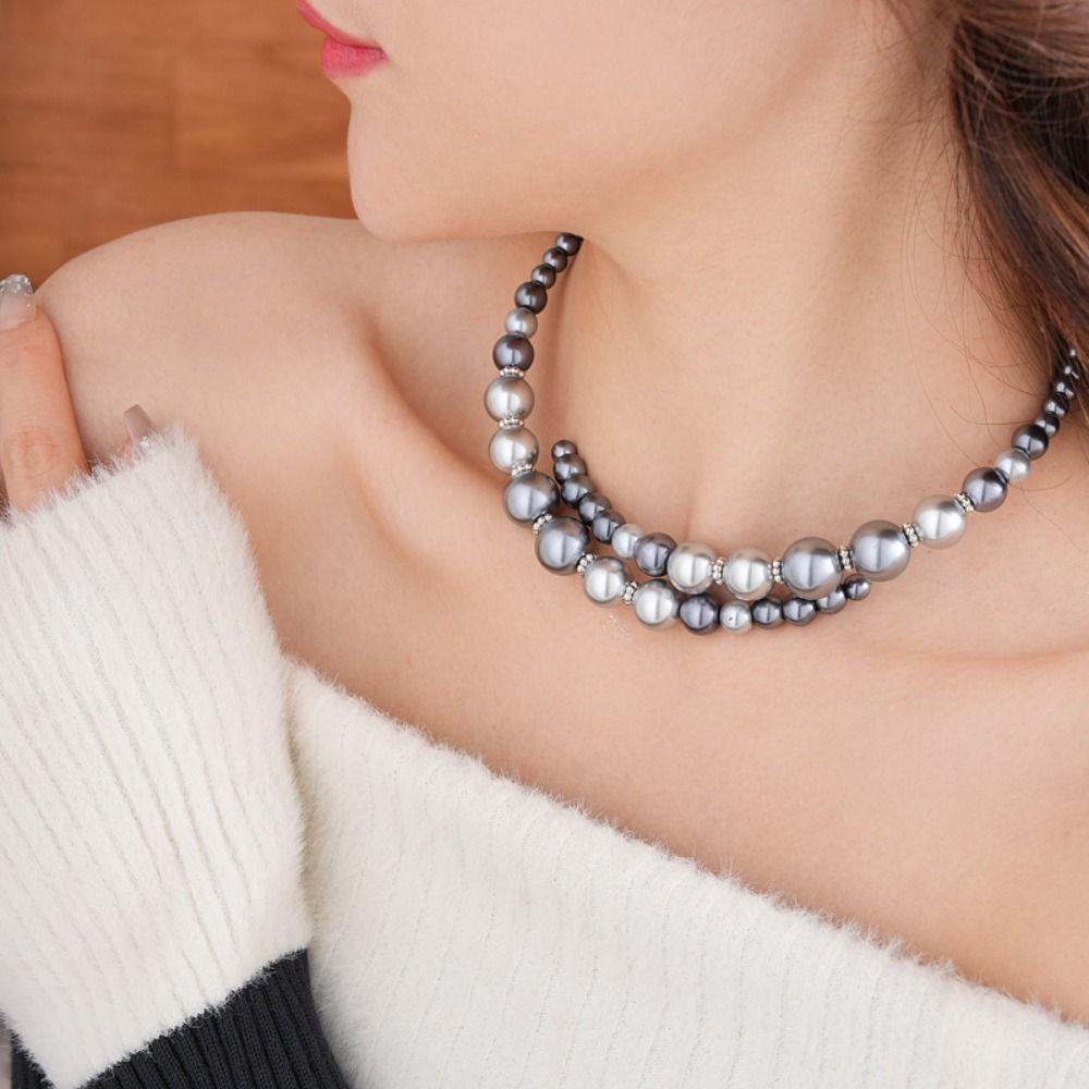 Temperament Glass Pearl Openning Necklace Grey Choker Neck Accessories  Birthday