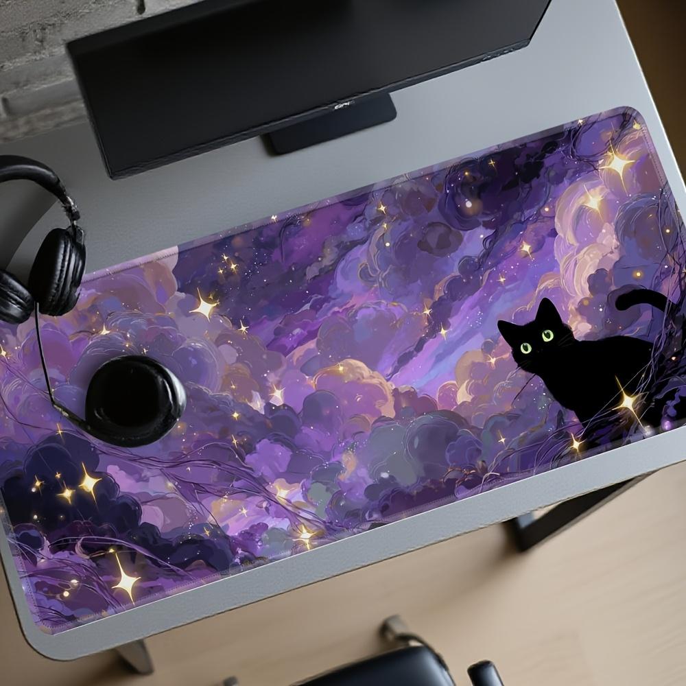 Large Gaming Mouse Pad Black Cat Design Anime Mouse Mat for Computer Desk XXL Mousepad with Mystical Purple Sky NonSlip Rubber