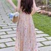 Holiday temperament sweet wind V-neck floral suspender dress women's summer popular beautiful waist A-word long dress