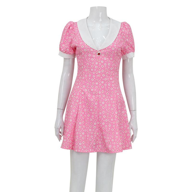 Spring and Summer Playful Cute Wind Thin Ruffled Skirt Big V-neck Chiffon  Green Flower Dress