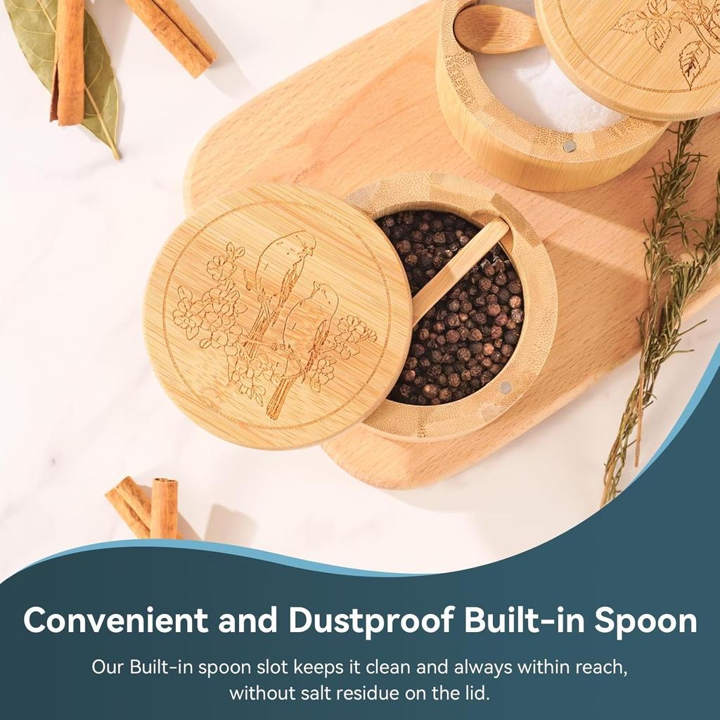 Bamboo Salt Cellar, 2 PCS Salt Container with Built-in Spoon, Salt Box Bowl with Magnetic Swivel Lid, Elegant Kitchen Salt Holder Saver Jar To Storage