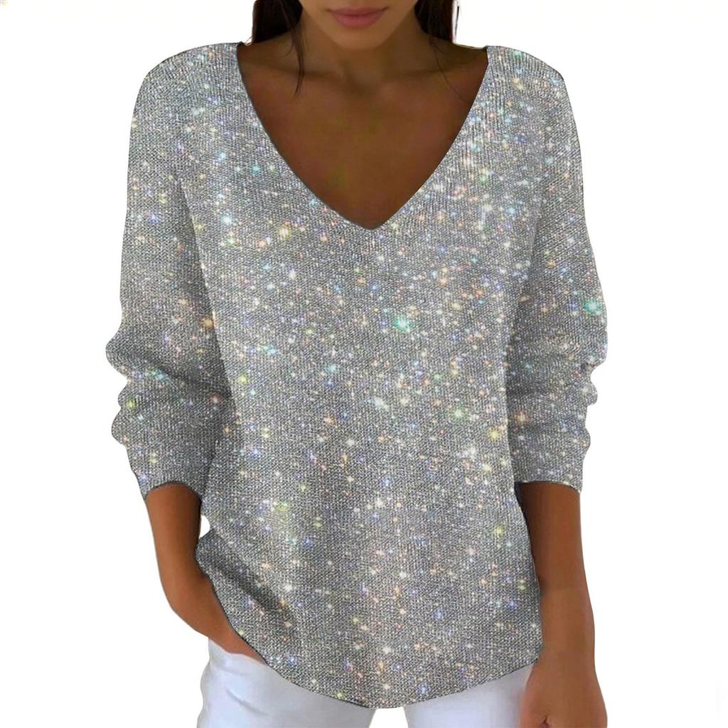 Women's Casual Daily Long-Sleeved V-Neck Faux Sweater Knitted Pullover Top With Sequins