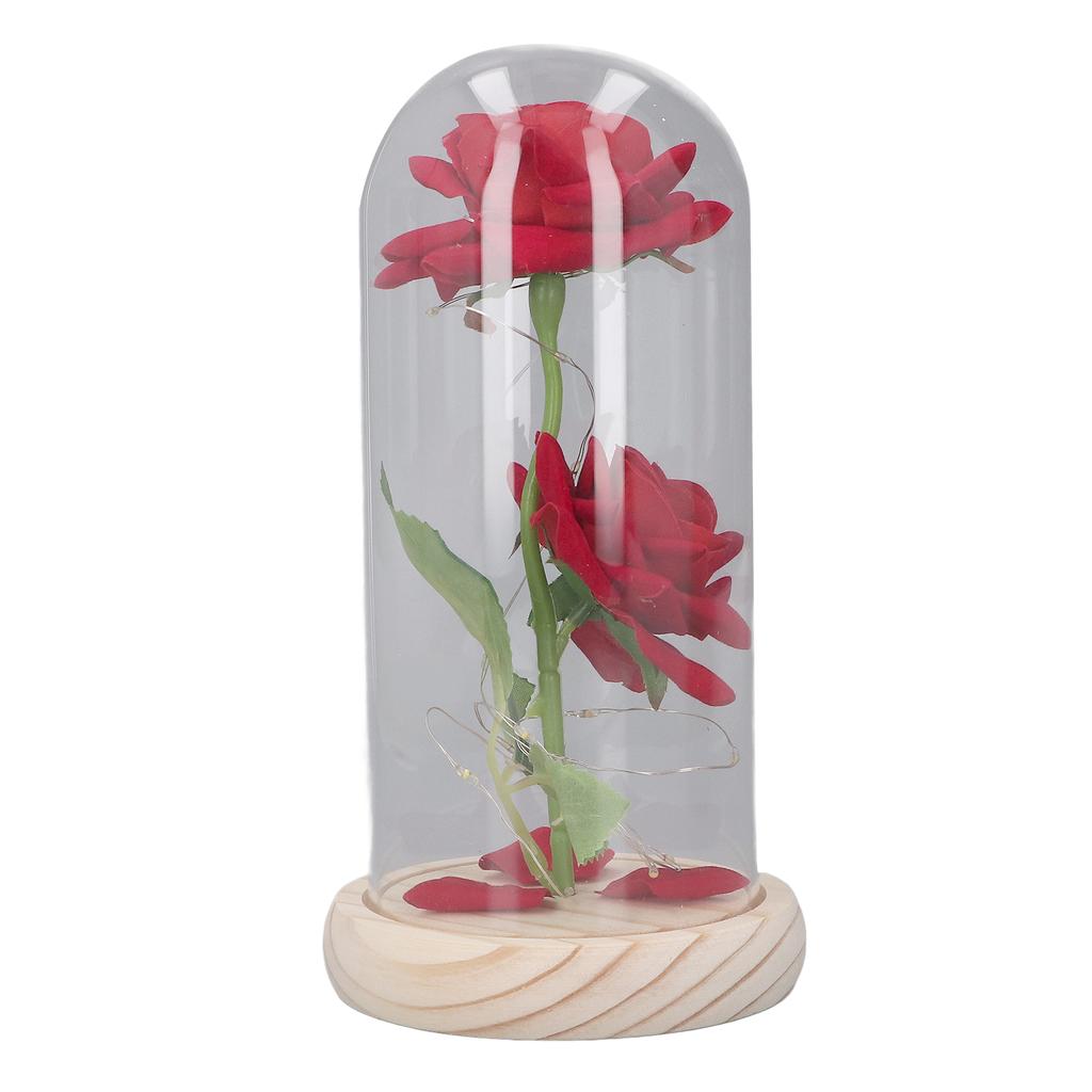 Valentine Day Artificial Flowers Glass Decor LED Light Wooden Base 2 Roses Ornaments for Girlfriend