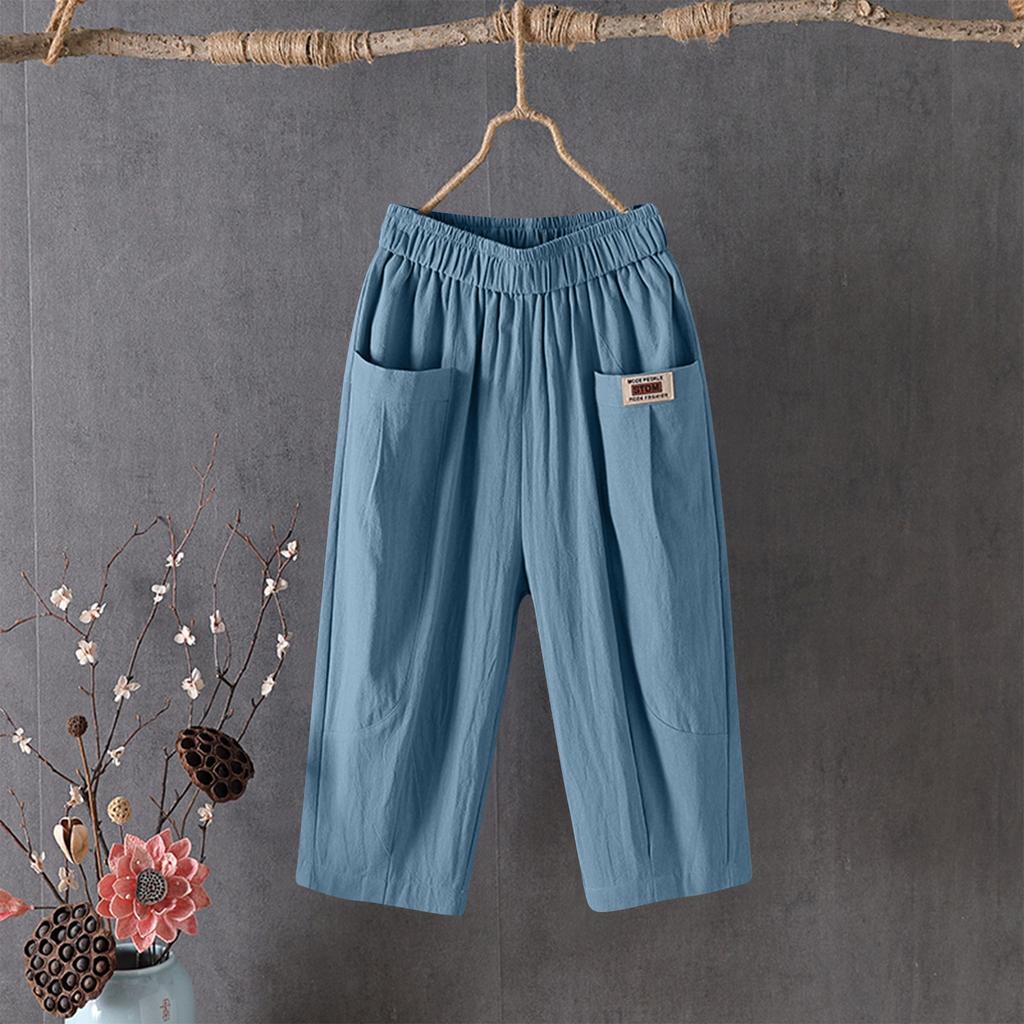 Women's Fashion Solid Color Loose Large Size Elastic Waist Small Leg Haren Pants Versatile Casual Quarter Pants