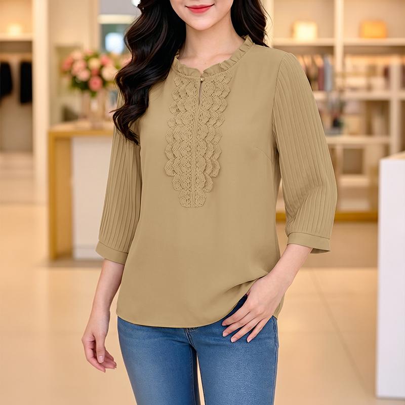 ZANZEA Women Casual Round Neck Lace Patchwork Loose 3/4 Sleeve Blouse