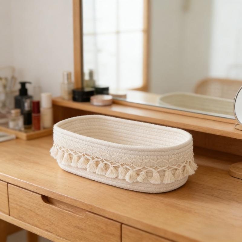 Boho White Khaki Rectangular Tassel Storage Basket Polyester Rope Open Top Organizer For Living Room Bedroom Bathroom Storage