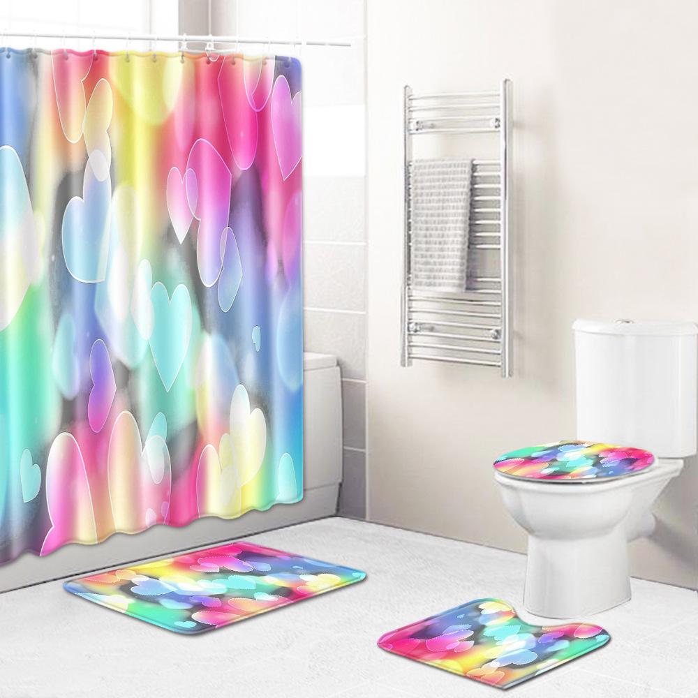 Love Valentine'S Day Shower Curtain Floor Mat Four-Piece Set Bathroom Non-Slip Door Mat Bedroom Carpet