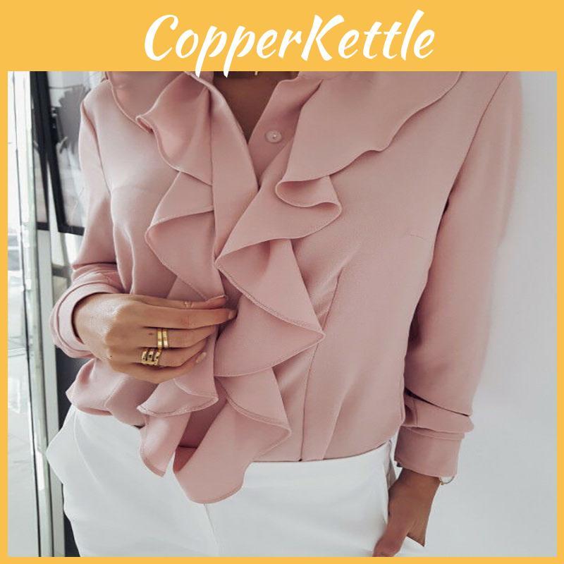 Elegant Womens Ruffle Summer Long Sleeve Solid Plain Blouse Shirt For Office Wear