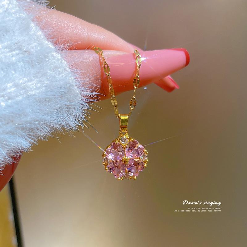 Auspicious Grass Pink Diamond Temperament Micro Diamond Necklace Women'S Exquisite Wind Collarbone Chain With Jewelry