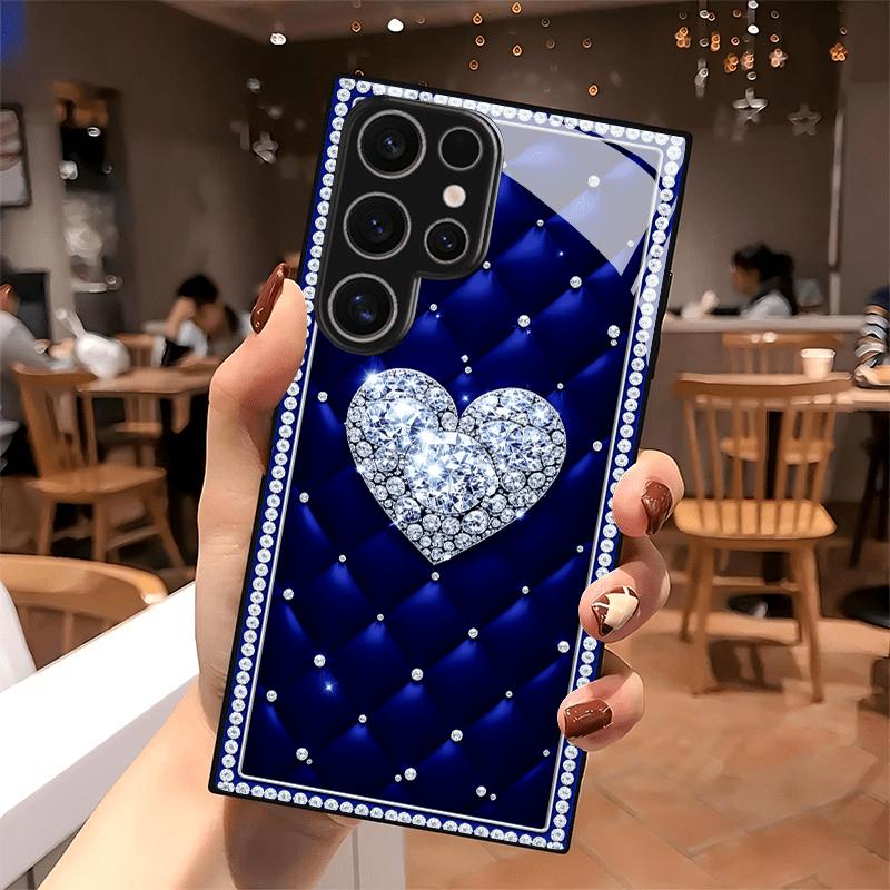 Blue Quilted Diamond Heart Glass phone case mobile phones fashion phone cases for Samsung Galaxy S26 S25 S24 S23 FE Ultra Plus