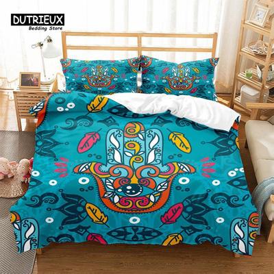 Juego de Funda Nórdica Mano Hamsa Microfibra Dorada Mano de Fátima de la Suerte Bohemio Cubierta de Edredón Negro Dorado Juego de Cama Queen Decoración de Habitación