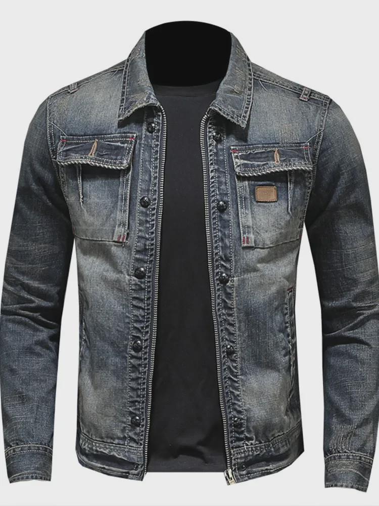 2024 Autumn Korean Trendy Men's Slim Retro Denim Jacket - Fashionable Casual Motorcycle Style