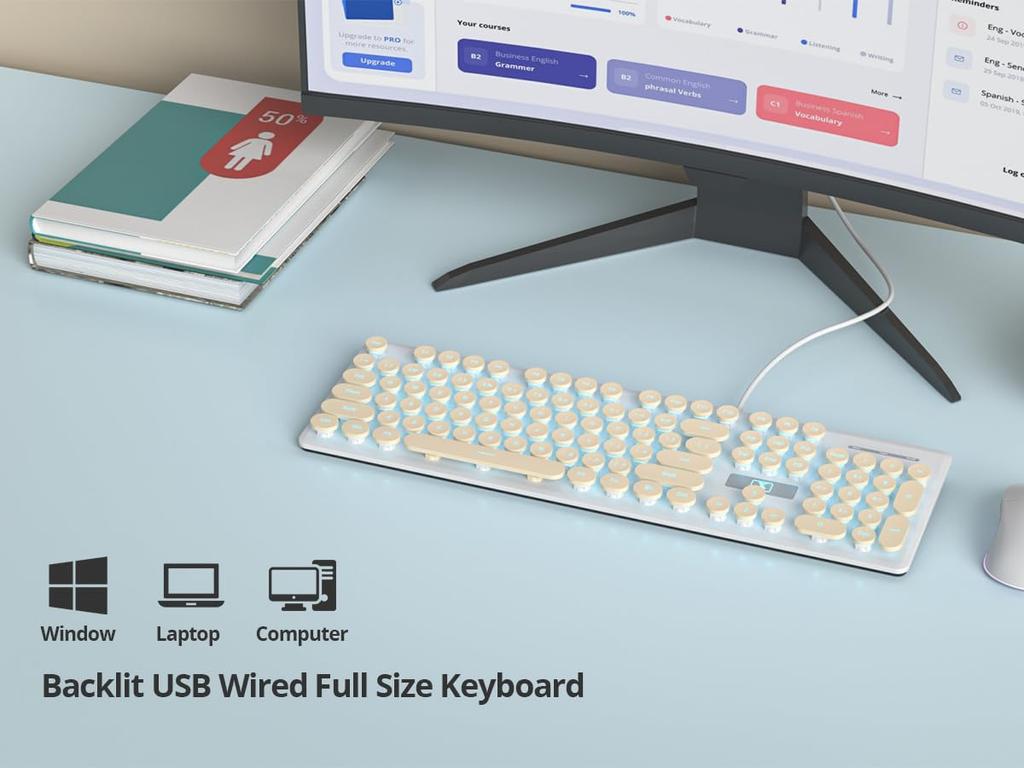 Ussixchare Wired Quiet Membrane Retro Punk Typewriter Design with Blue LED USB Gaming Keyboard with ABS Round Keycaps for Keyboard, Full-Size 104-Key