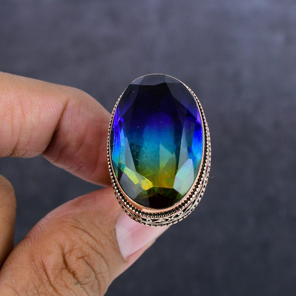 Naturalny Dwukolorowy Kamień Turmalinowy Ręcznie Robiona Miedziana Biżuteria Pierścionek Rozmiar 8 W3n69