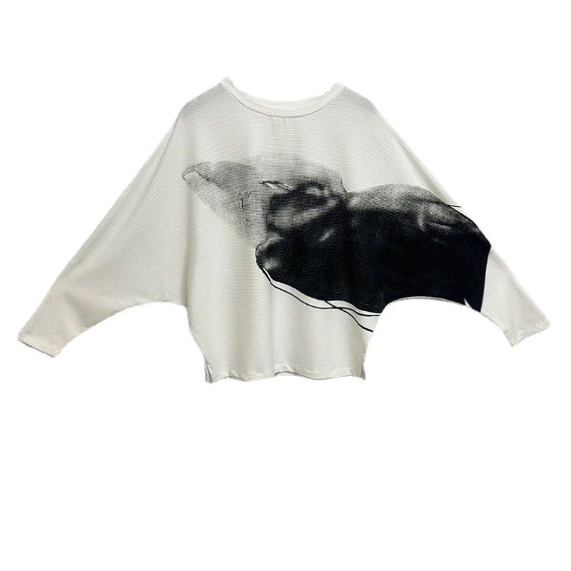 

Shengdijia Women s round Neck Pullover Loose Ink Blooming Hem Slit Bat Knitwear T-shirt White S