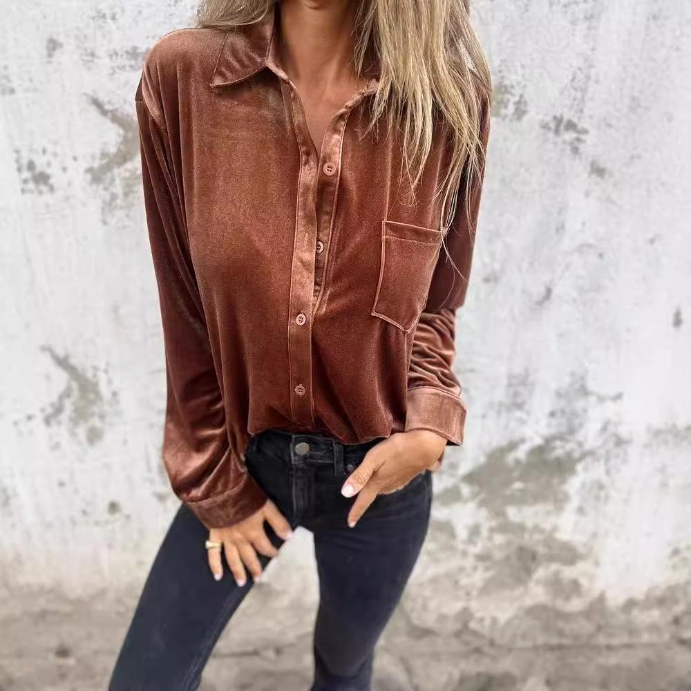 2024 Autumn Winter Fashion Gold Velvet Lapel Shirt