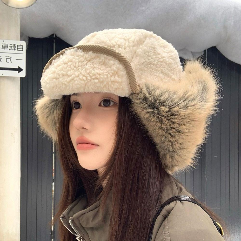 Ear Protection Winter Pilot Hat Beanie Warm Ski Hat Simple Lamb Wool Earflap Cap  Biking