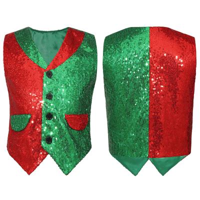 Kids Boys Christmas Dress Up Color Block Sequin Vest Pointed Hem Decorative Flap Pockets Waistcoat for Stage