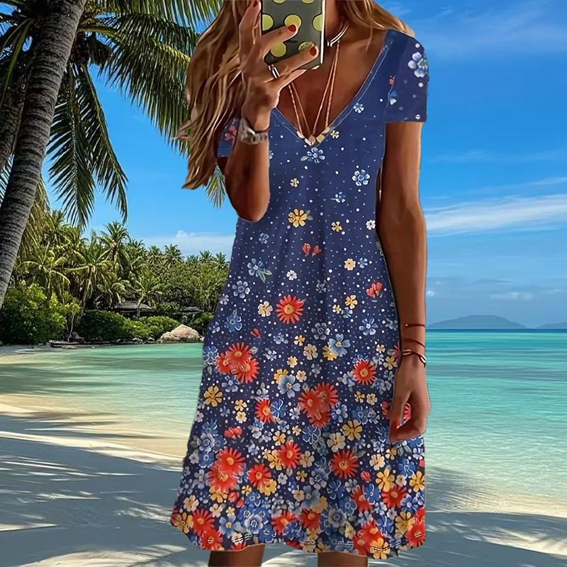 Summer Fashion Women's V Neck Short Sleeve Beautiful Flowers Printed  Dress Sex Short Skirt Dresses
