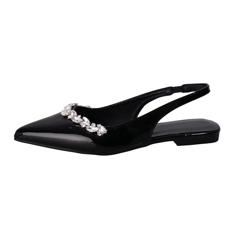 

Модные французские сандалии с острым носком на низком каблуке для женщин, летняя уличная повседневная кожаная обувь, женские модные удобные балетки со стразами 42 чёрный
