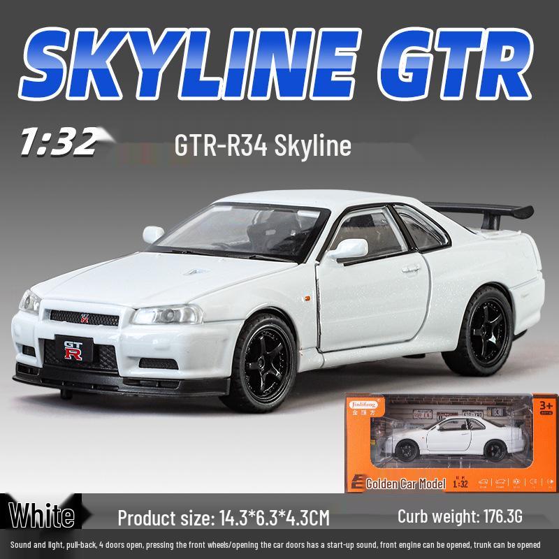 1:32 GTR R34 Low-Rider Sports Car Model with Opening Doors, Four-Wheel Suspension, Alloy Build, Sound and Light, Pull-Back Simulation