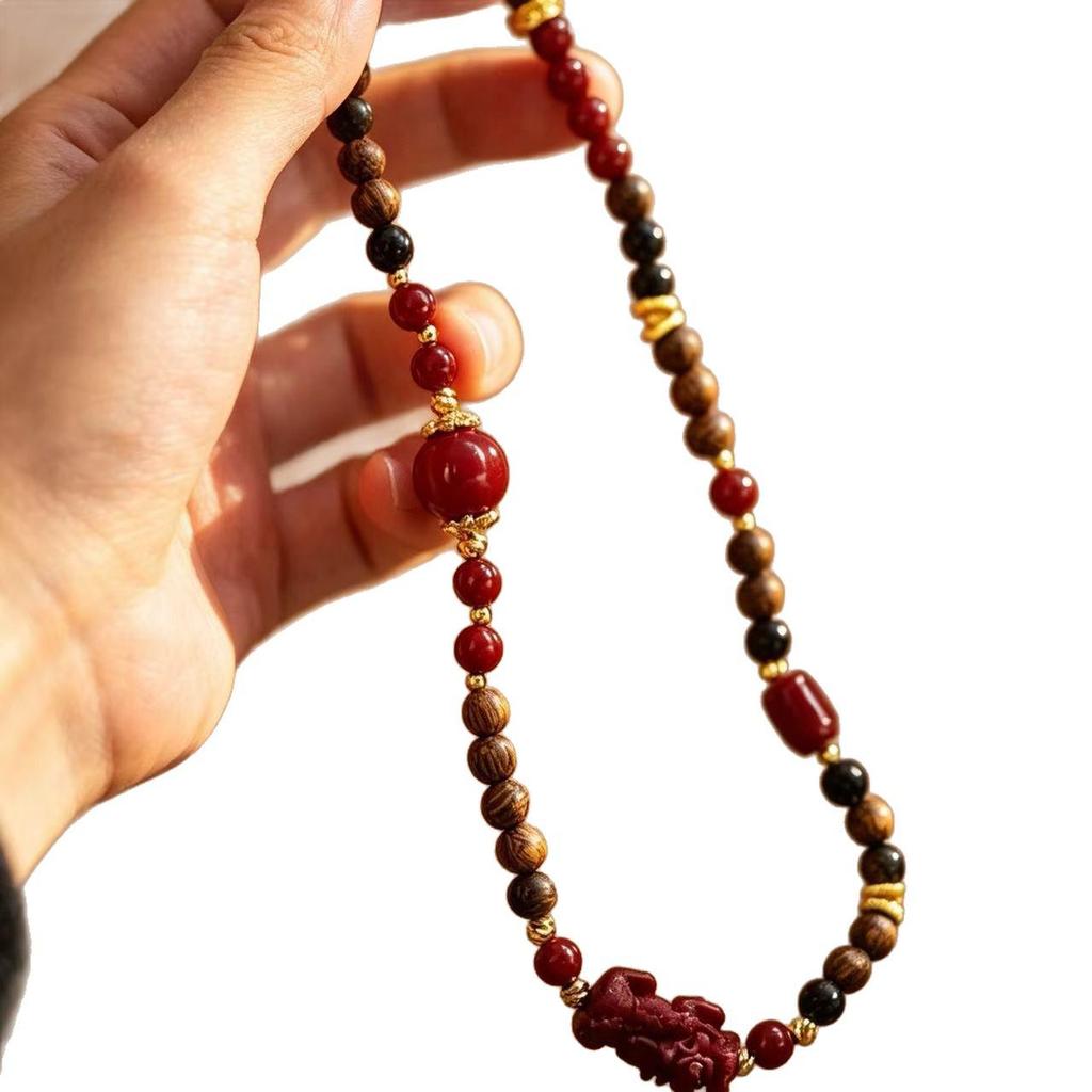 New Boutique Exquisite Carving Agarwood & Cinnabar Pixiu Multi-Circle Bracelet.