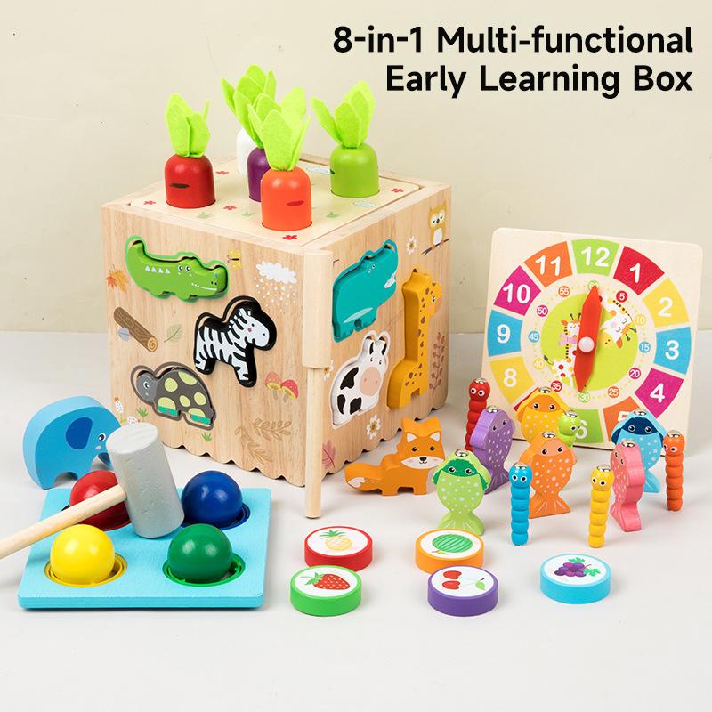 Boîte de permanence Montessori 8 en 1 en bois en forme de carotte, puzzle cognitif, jouet d'association pour enfants, jeu d'association, jouet sensoriel d'apprentissage précoce