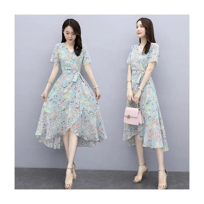 Elegant Floral Lace-Up V-Neck Ruffle Midi Dress for Women 2XL синий