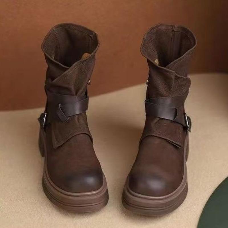 Autumn new dark brown retro old fashion boots women's thick heel low heel round head medium boots
